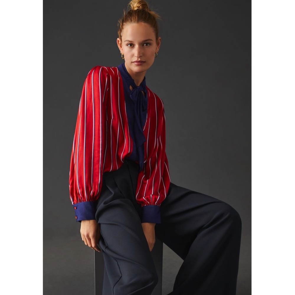 Anthropologie Maeve Tie-Neck Blouse Red Striped Top Size Small New ANTHRO NWT